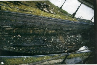 The burnt out remains of the Cap Pilar in Wivenhoe Dry Dock before it was filled in.  This photo was taken by John Donnelly, a former crew member. | Nottage Maritime Institute 02780a 