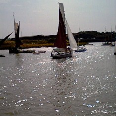 The Smack Race finished rather late in the afternoon; Mary CK252 sails home in sparkling ripples.  The Mary was built at Brightlingsea in 1900.
