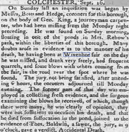 Death of Geo. King, Journeyman Carpenter 1796 at Mrs. Rebow's Park | Ipswich Journal, Saturday 17 September 1796 [British Newspaper Archive]