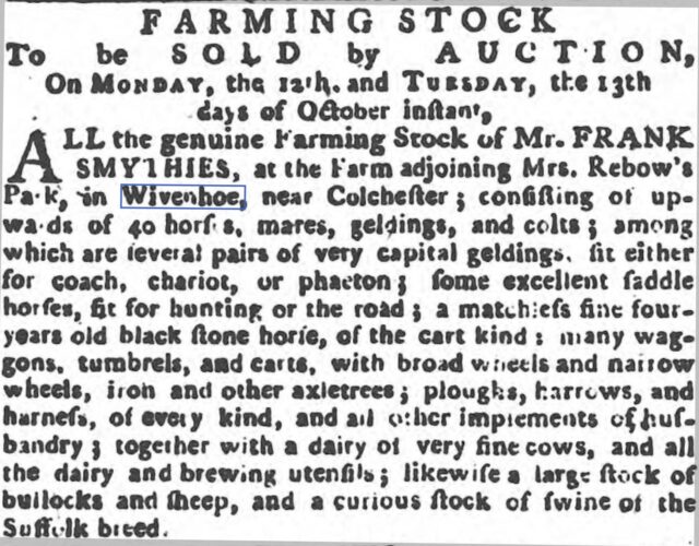 Sale of Farming Stock of Mr. Frank Smythies 1789 | The Ipswich Journal, Saturday, 3 October 1789 [British Newspaper Archive]