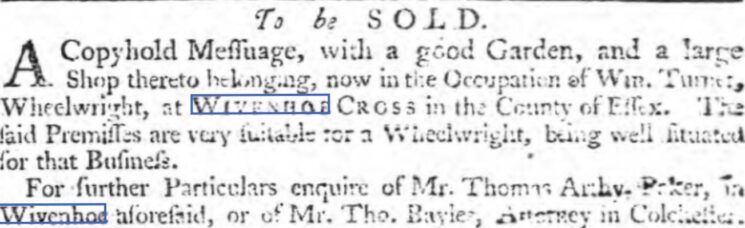 Wheelwright's Shop at Wivenhoe Cross 1758 | Ipswich Journal, Saturday, 14 January 1758  [British Newspaper Archive]