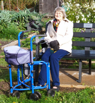 Jane Cole on Don's bench at the Wivenhoe Allotments which she organised on 25th October 2015 in memory of Don who passed away passed earlier in 2015 aged 87. | Photo by Peter Hill