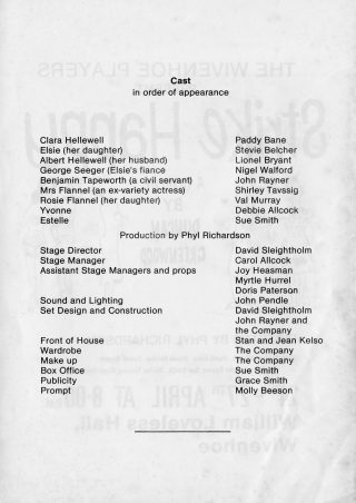 Wivenhoe Players Cast. Programme for production of Strike Happy April 1985