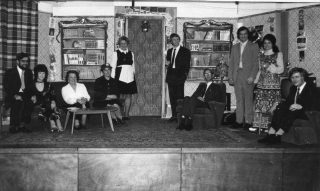 Wivenhoe Players production of Goodnight Mrs Puffin Nov 1972 The stage extensions visible in the foreground. L to R David Dignum, Margaret Clubb, Jean Woolnough, Paddy Bane, Grace Smith, Peter Hancock, Lionel Bryant, Brian Critchly, Marcelle Williamson and Charles Bowman